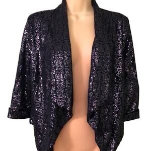 Ya LosAngeles Navy Blue Sequin Cropped Jacket Woman Size Medium Open Front